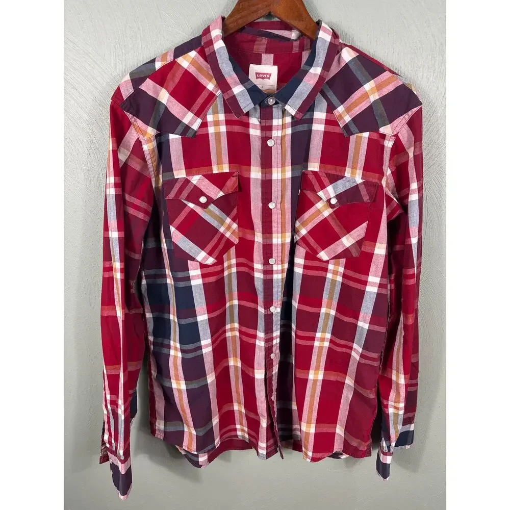 Levi's Long Sleeves Shirt Men's Size Large‎ Red Blue Plaid Pockets Western Cut